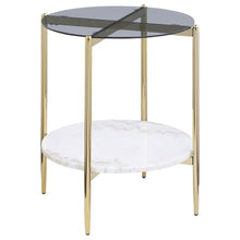 Load image into Gallery viewer, Jonelle - Round Glass Top End Table White Marble Shelf Gold - Smoke