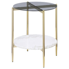 Load image into Gallery viewer, Jonelle - Round Glass Top End Table White Marble Shelf Gold - Smoke