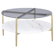 Load image into Gallery viewer, Jonelle - Round Glass Top Coffee Table White Marble Shelf Gold - Smoke