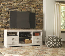 Load image into Gallery viewer, Willowton - Whitewash - 2 Pc. - 64&quot; TV Stand with Faux Firebrick Fireplace Insert
