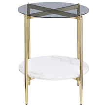 Load image into Gallery viewer, Jonelle - Round Glass Top End Table White Marble Shelf Gold - Smoke