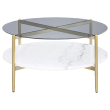 Load image into Gallery viewer, Jonelle - Round Glass Top Coffee Table White Marble Shelf Gold - Smoke