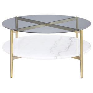 Jonelle - Round Glass Top Coffee Table White Marble Shelf Gold - Smoke