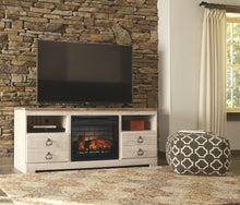 Load image into Gallery viewer, Willowton - Whitewash - 2 Pc. - 64&quot; TV Stand with Faux Firebrick Fireplace Insert