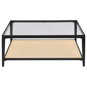 Amherst - Glass Top Metal with Cane Shelf Coffee Table - Black