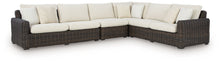 Load image into Gallery viewer, Kimora - Beige / Dark Brown - 7 Pc. - 4-Piece Outdoor Sectional, Swivel Glider Lounge, Cocktail Table, End Table