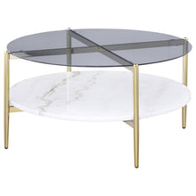 Load image into Gallery viewer, Jonelle - Round Glass Top Coffee Table White Marble Shelf Gold - Smoke