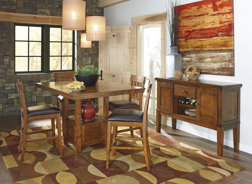 Ralene - Medium Brown - 6 Pc. - Rectangular Dining Room Counter Extension Table, 4 Upholstered Barstools, Server