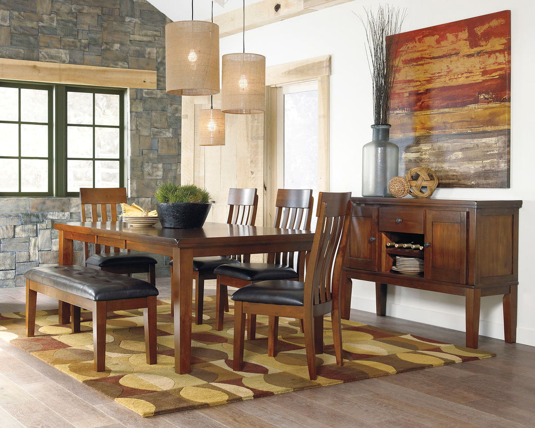 Ralene - Medium Brown - 7 Pc. - Rectangular Dining Room Butterfly Extension Table, 4 Upholstered Barstools, Upholstered Bench, Server